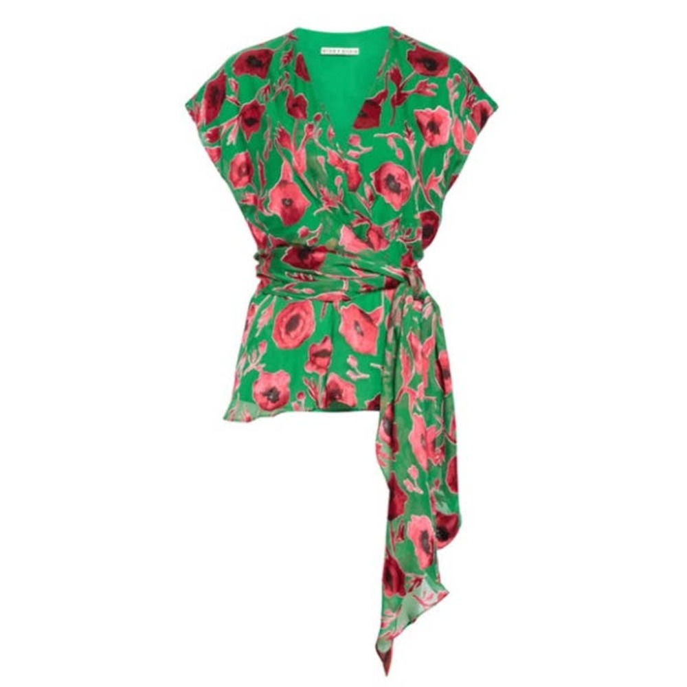Alice + Olivia Essie Blouse V-Neck Silk Blend Tie Green Floral Pink Women's XS